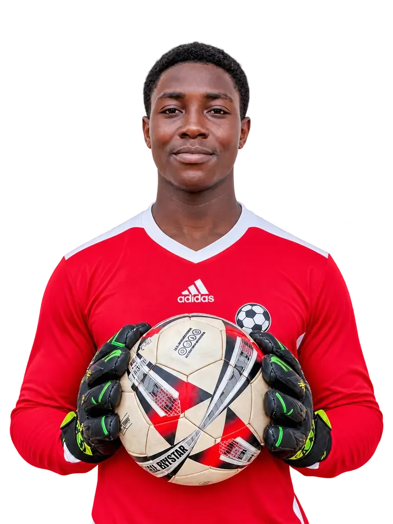 ROMEO in his goalkeeper kit holding a football.