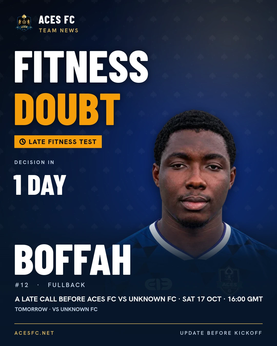 Fitness doubt graphic for BOFFAH, ACES FC vs UNKNOWN FC
